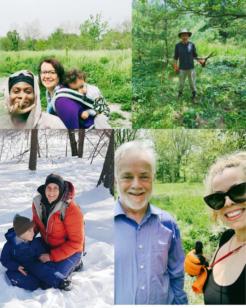 Photos of volunteers from the Raymore Park site participating in stewardship, smiling, and enjoying the outdoors.